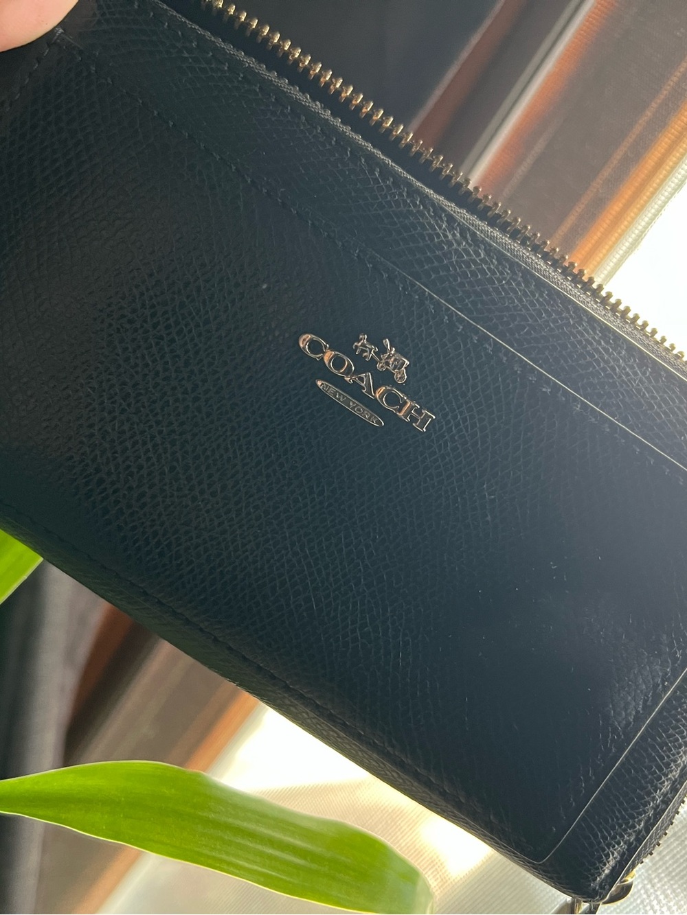 Coach Black Textured Leather Zip Wallet - Gold Logo